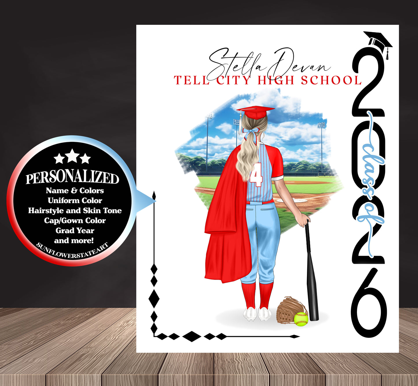 Softball Poster, Senior Night Gift, Graduation Table Decor, Signing Day Gift RJ