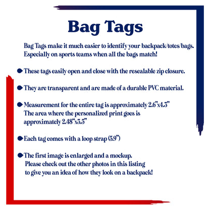 Bag tag specifications: clear PVC holder with resealable zip closure, approximately 2.6 by 4.3 inches, 2.48 by 3.5-inch insert area and 5.9-inch loop strap.