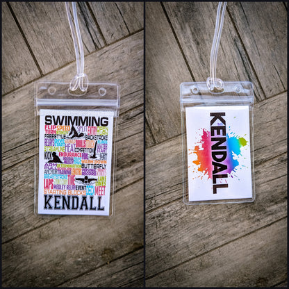 Front and back of a personalized swimming bag tag for Kendall, showing colorful word art, a clear holder and loop strap.