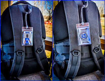 Two views of a clear personalized volleyball bag tag attached to a backpack shoulder strap, showing the holder and loop strap in use.