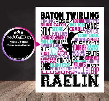 Baton Twirling Poster - Personalized Baton Twirling Gift - Majorette