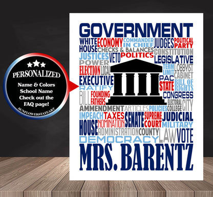 Government Poster, Personalized U.S. Government Teacher Gift