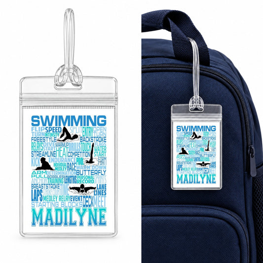 Personalized swimming bag tag with original Madilyne word art, shown close up in a clear holder with loop strap and attached to a navy backpack.